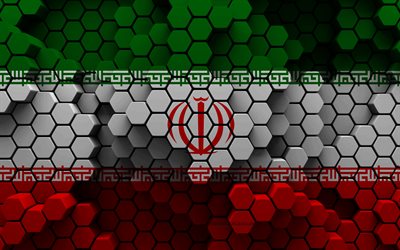 4k, Flag of Iran, 3d hexagon background, Iran 3d flag, 3d hexagon texture, Iranian national symbols, Iran, 3d background, 3d Iran flag