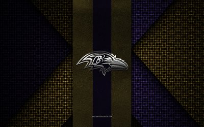 Baltimore Ravens, NFL, purple yellow knitted texture, Baltimore Ravens logo, American football club, Baltimore Ravens emblem, American football, Baltimore, USA