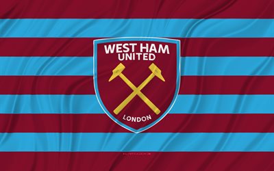 west ham united fc, 4k, purppuransininen aaltoileva lippu, premier league, jalkapallo, 3d kangasliput, west ham united -lippu, west ham united -logo, englantilainen jalkapalloseura, west ham united