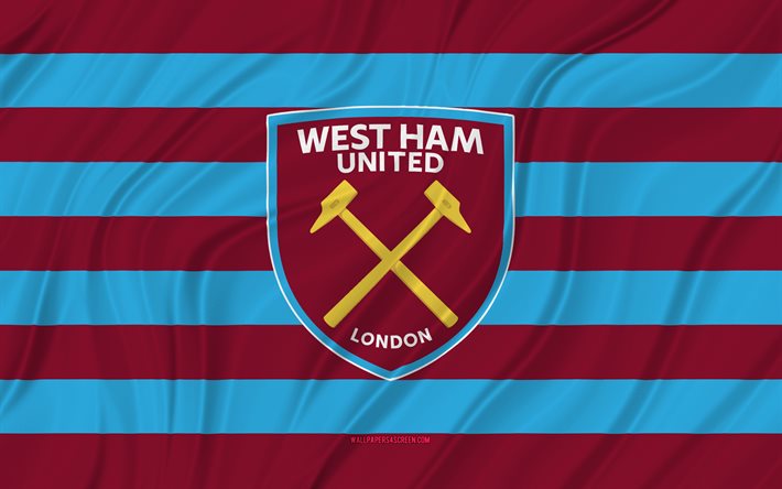West Ham United FC, 4K, purple blue wavy flag, Premier League, football, 3D fabric flags, West Ham United flag, soccer, West Ham United logo, english football club, West Ham United