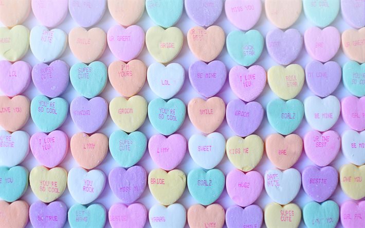 hearts candies, 4k, hearts patterns, love concepts, background with hearts, picture with hearts, candies