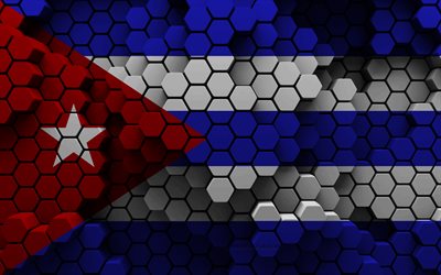 4k, キューバの旗, 3d六角形の背景, キューバの3dフラグ, 3d六角形テクスチャ, キューバの国家シンボル, キューバ, 3d背景, 3dキューバの旗