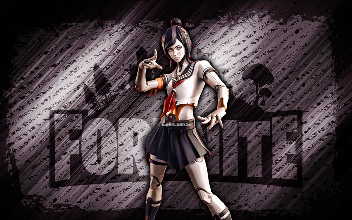 Tsuki Fortnite, 4k, gray diagonal background, grunge art, Fortnite, artwork, Tsuki Skin, Fortnite characters, Tsuki, Fortnite Tsuki Skin
