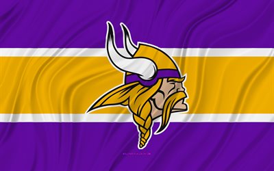 Minnesota Vikings, 4K, violet yellow wavy flag, NFL, american football, 3D fabric flags, Minnesota Vikings flag, american football team, Minnesota Vikings logo