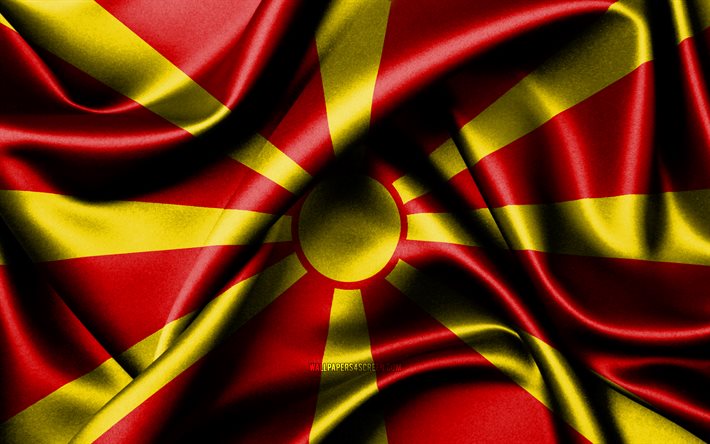 العلم المقدوني, 4k, الدول الأوروبية, أعلام النسيج, يوم مقدونيا الشمالية, علم مقدونيا, أعلام الحرير متموجة, علم مقدونيا الشمالية, أوروبا, الرموز الوطنية المقدونية, مقدونيا الشمالية