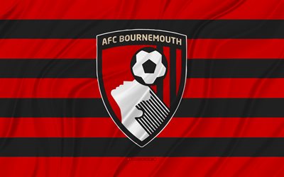 bournemouth fc, 4k, bandera ondulada negra roja, campeonato, fútbol, banderas de tela 3d, bandera de bournemouth fc, logotipo de bournemouth fc, club de fútbol inglés, afc bournemouth