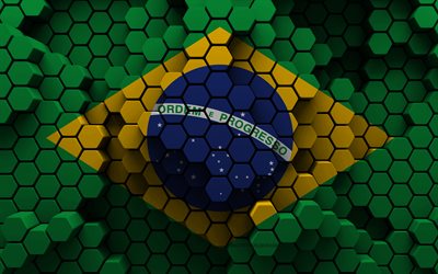 4k, 브라질의 국기, 3d 육각형 배경, 브라질 3d 플래그, 3d 육각 텍스처, 브라질 국가 상징, 브라질, 3d 배경, 3차원, 깃발