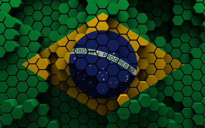 4k, drapeau du brésil, 3d fond hexagonal, brésil 3d drapeau, 3d hexagone texture, brésilien symboles nationaux, brésil, 3d arrière-plan, 3d brésil drapeau