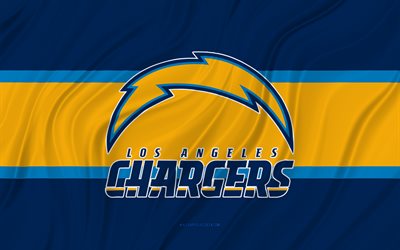 Los Angeles Chargers, 4K, blue yellow wavy flag, NFL, american football, 3D fabric flags, Los Angeles Chargers flag, american football team, Los Angeles Chargers logo, LA Chargers