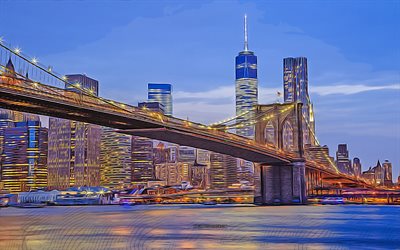 4k, جسر بروكلين, نيويورك, الولايات المتحدة الأمريكية, ناقلات الفن, رسومات نيويورك, مناظر طبيعية لمدينة نيويورك, ناقلات نيويورك, فن إبداعي