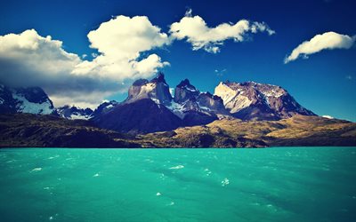 Torres del Paine Milli Park, deniz, sahil, dağlar, yaz, Şili