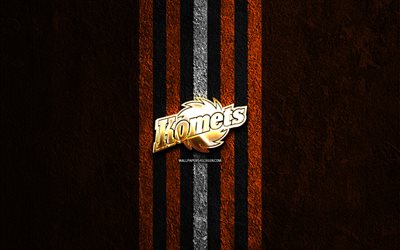 Fort Wayne Komets golden logo, 4k, orange stone background, ECHL, american hockey team, Fort Wayne Komets logo, hockey, Fort Wayne Komets