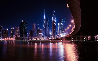 4k, dubai, rascacielos, paisajes nocturnos, edificios modernos, eau, fotos con dubai, emiratos árabes unidos, arquitectura moderna, paisaje urbano de dubai, dubai en la noche, fuentes