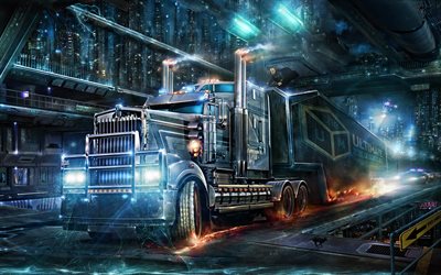 camion kenworth, phares, nuit, camion futuriste, poursuite, voiture de police, cyberpunk, œuvres d art, camions, art futuriste, kenworth
