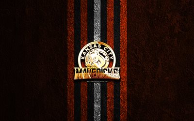 kansas city mavericks altın logo, 4k, turuncu taş arka plan, echl, amerikan hokey takımı, kansas city mavericks logo, hokey, kansas city mavericks, kc mavericks