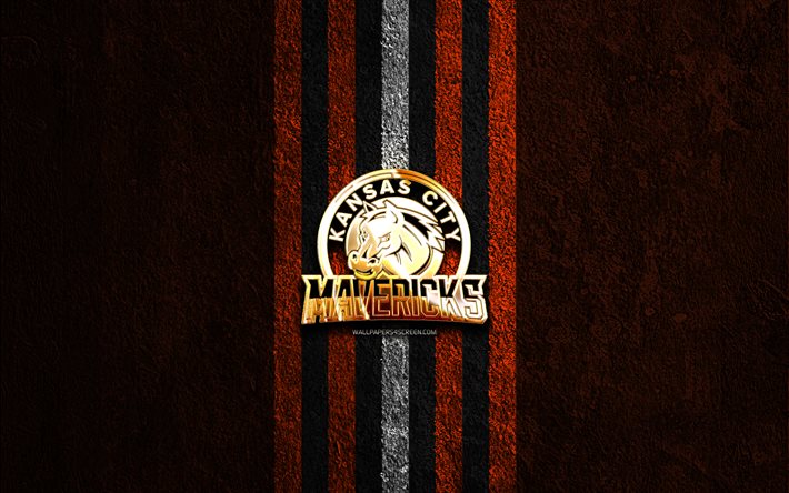 logo doré des kansas city mavericks, 4k, fond de pierre orange, echl, l équipe américaine de hockey, le logo des kansas city mavericks, le hockey, les kansas city mavericks, les kc mavericks