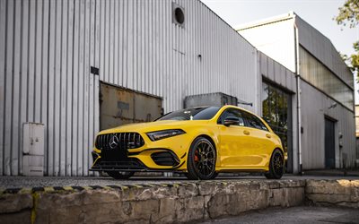 2022, Mercedes-Benz A45 AMG, 4k, front view, yellow A-class, A45 AMG tuning, JR Wheels, A45s, A-class tuning, german cars, Mercedes-Benz