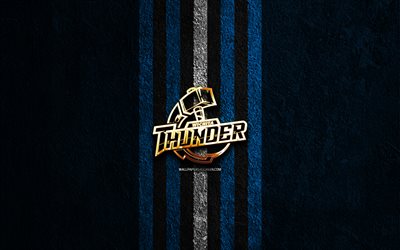 wichita thunder logo dorato, 4k, sfondo di pietra blu, echl, squadra di hockey americana, logo wichita thunder, hockey, wichita thunder