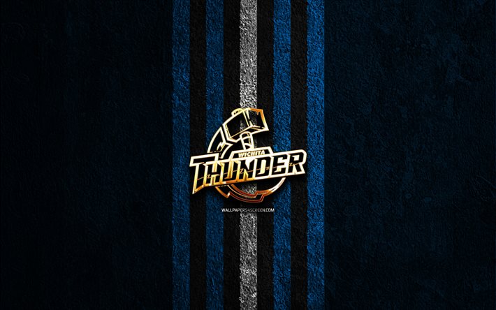 logo doré wichita thunder, 4k, fond de pierre bleue, echl, équipe de hockey américaine, logo wichita thunder, hockey, wichita thunder