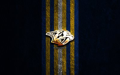 nashville predators logo doré, 4k, fond de pierre bleue, nhl, l équipe américaine de hockey, la ligue nationale de hockey, le logo des nashville predators, le hockey, les nashville predators