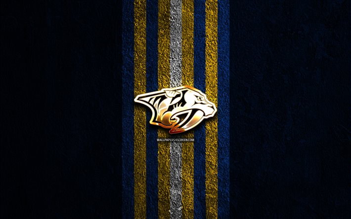 شعار ناشفيل بريداتورز الذهبي, 4k, الحجر الأزرق الخلفية, nhl, فريق الهوكي الأمريكي, دوري الهوكي الوطني, شعار ناشفيل بريداتورز, الهوكي, ناشفيل بريداتورز