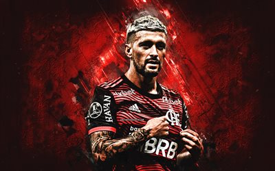 giorgian de arrascaeta, flamengo, uruguaylainen jalkapalloilija, punainen kivi tausta, jalkapallo, clube de regatas do flamengo, brasilia