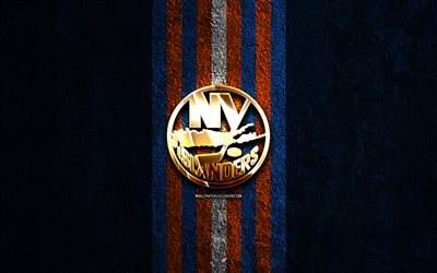 New York Islanders golden logo, 4k, blue stone background, NHL, american hockey team, National Hockey League, New York Islanders logo, hockey, New York Islanders, NY Islanders