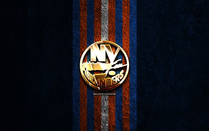 new york islanders kultainen logo, 4k, sininen kivi tausta, nhl, amerikkalainen jääkiekkojoukkue, national hockey league, new york islanders logo, jääkiekko, new york islanders, ny islanders