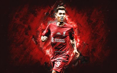 Roberto Firmino, Liverpool FC, Brazilian soccer player, attacking midfielder, red stone background, Premier League, England, football, Firmino Liverpool