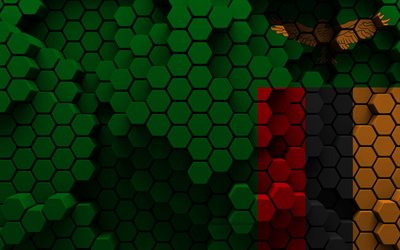 4k, Flag of Zambia, 3d hexagon background, Zambia 3d flag, Day of Zambia, 3d hexagon texture, Zambia flag, Zambia national symbols, Zambia, 3d Zambia flag, African countries