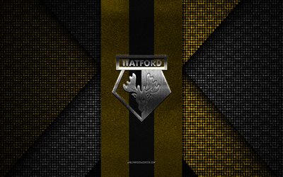 Watford FC, Premier League, yellow black knitted texture, Watford FC logo, English football club, Watford FC emblem, football, Watford, England