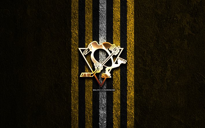 logotipo de oro de los pingüinos de pittsburgh, 4k, fondo de piedra amarilla, nhl, equipo de hockey americano, liga nacional de hockey, logotipo de los pingüinos de pittsburgh, hockey, pingüinos de pittsburgh
