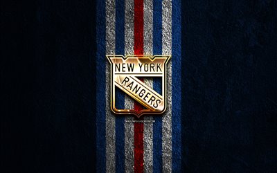 new york rangers goldenes logo, 4k, blauer steinhintergrund, nhl, amerikanisches hockeyteam, national hockey league, new york rangers logo, hockey, new york rangers, ny rangers