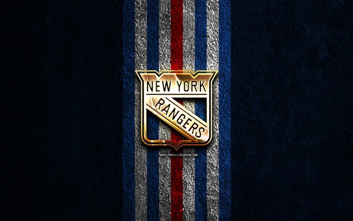 logo doré des rangers de new york, 4k, fond de pierre bleue, nhl, l équipe américaine de hockey, la ligue nationale de hockey, le logo des rangers de new york, le hockey, les rangers de new york, les rangers de ny
