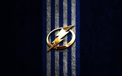 tampa bay lightning logo doré, 4k, pierre bleue d arrière-plan, la lnh, l équipe américaine de hockey, la ligue nationale de hockey, le logo tampa bay lightning, le hockey, le tampa bay lightning