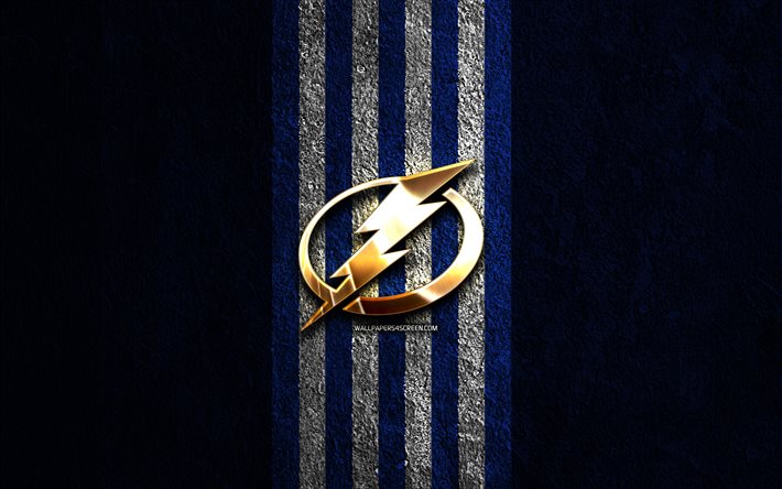 logotipo dorado de tampa bay lightning, 4k, fondo de piedra azul, nhl, equipo de hockey estadounidense, liga nacional de hockey, logotipo de tampa bay lightning, hockey, tampa bay lightning