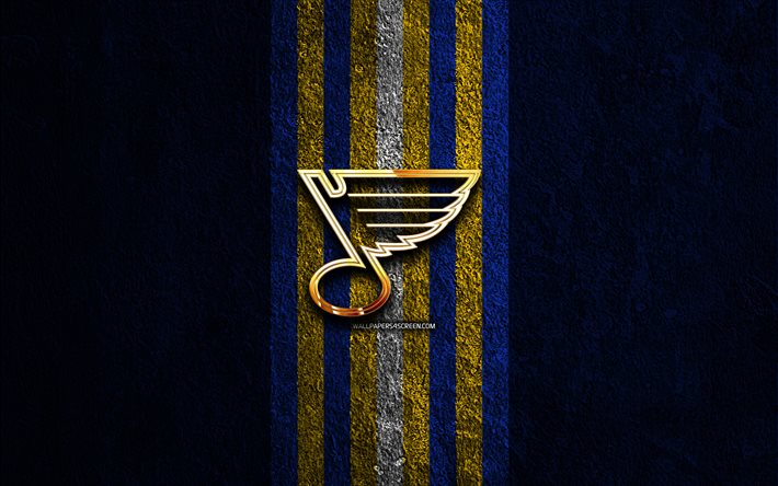 st louis blues logo dorato, 4k, sfondo di pietra blu, nhl, squadra di hockey americana, national hockey league, logo st louis blues, hockey, st louis blues