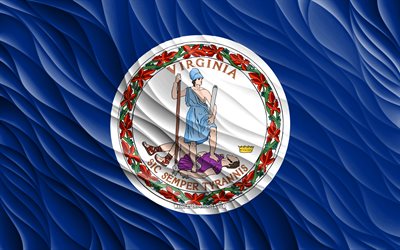 4k, علم فرجينيا, أعلام 3d متموجة, الولايات الأمريكية, يوم فرجينيا, موجات ثلاثية الأبعاد, الولايات المتحدة الأمريكية, ولاية فرجينيا, دول أمريكا, فرجينيا