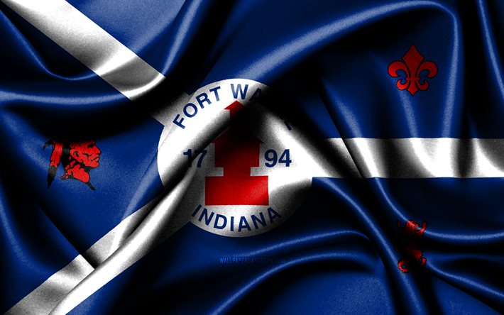 फोर्ट वेन झंडा, 4k, अमेरिकी शहर, कपड़े के झंडे, फोर्ट वेन का दिन, फोर्ट वेन का ध्वज, लहराती रेशमी झंडे, अमेरीका, अमेरिका के शहर, इंडियाना के शहर, फोर्ट वेन इंडियाना, फोर्ट वेन