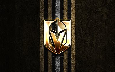 vegas golden knights logo doré, 4k, fond de pierre brune, nhl, l équipe américaine de hockey, la ligue nationale de hockey, vegas golden knights logo, le hockey, vegas golden knights
