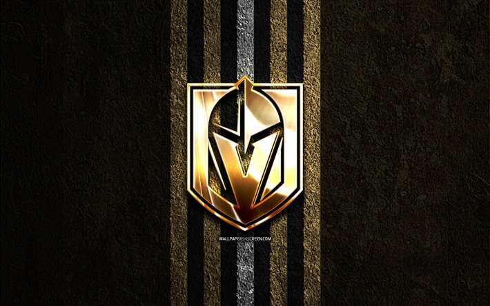 vegas golden knights logo dorato, 4k, sfondo di pietra marrone, nhl, squadra di hockey americana, national hockey league, logo vegas golden knights, hockey, vegas golden knights