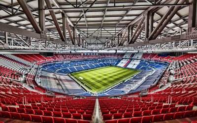 4k, Parc Olympique Lyonnais, inside view, football field, stands, Olympique Lyonnais Stadium, Groupama Stadium, Ligue 1, France, Olympique Lyonnais