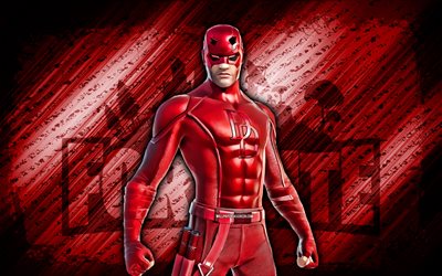 Daredevil Fortnite, 4k, red diagonal background, grunge art, Fortnite, artwork, Daredevil Skin, Fortnite characters, Daredevil, Fortnite Daredevil Skin