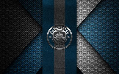 Manchester City FC, Premier League, blue white knitted texture, Manchester City FC logo, English football club, Manchester City FC emblem, football, Manchester, England