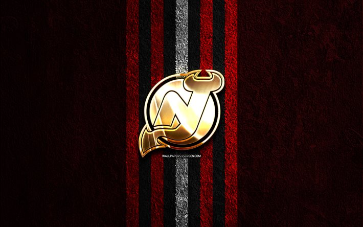 New Jersey Devils golden logo, 4k, red stone background, NHL, american hockey team, National Hockey League, New Jersey Devils logo, hockey, New Jersey Devils