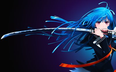 kisara tendo, guerreiro, katana, cabelo azul