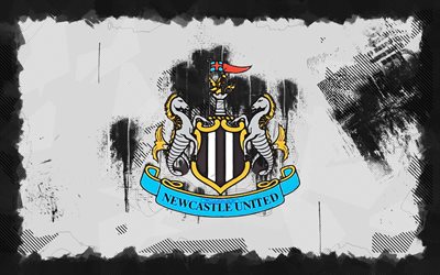 Newcastle United grunge logo, 4k, Premier League, white grunge background, soccer, Newcastle United emblem, football, Newcastle United logo, english football club, Newcastle United FC