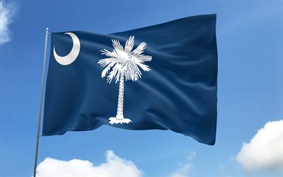 South Carolina flag on flagpole, 4K, american states, blue sky, flag of South Carolina, wavy satin flags, South Carolina flag, US States, flagpole with flags, United States, Day of South Carolina, USA, South Carolina