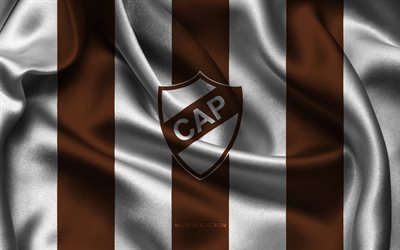 4k, logotipo de platéia da ca, tecido de seda branca marrom, time de futebol da argentina, ca platense emblem, divisão argentina primera, ca platense, argentina, futebol, bandeira de platagem da ca, platense fc