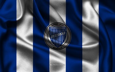 4k, godoy cruz antonio tomba logo, نسيج حرير أبيض أزرق, فريق كرة القدم الأرجنتين, غودوي كروز أنطونيو تومبا شعار, قسم الأرجنتين بريميرا, غودوي كروز أنطونيو تومبا, الأرجنتين, كرة القدم, godoy cruz antonio tomba fc